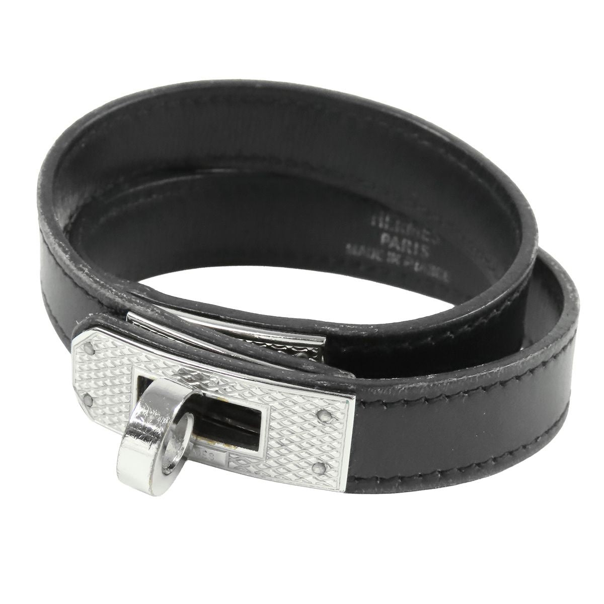 Hermes Kelly Double Tour Black Silver Swift Guilloche Bracelet — view 2