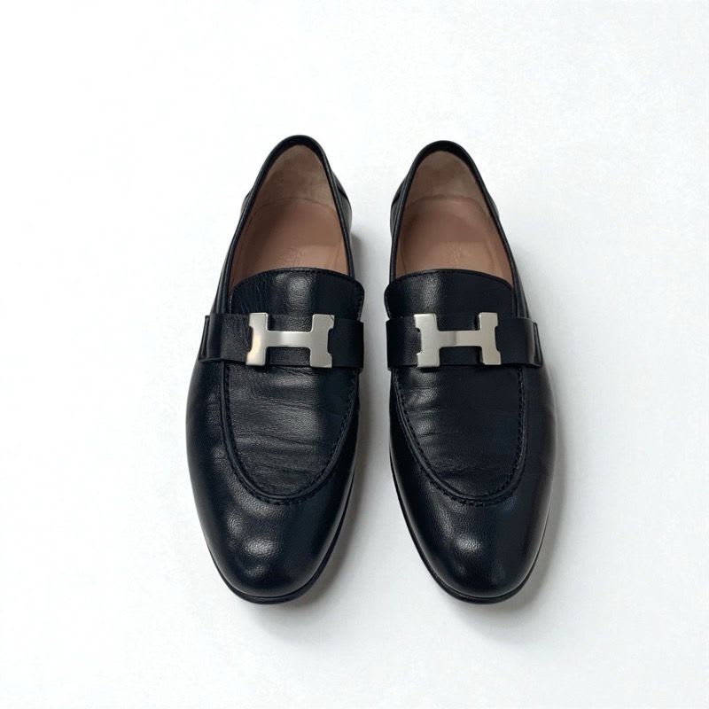 Hermes Paris Loafers Shoes Leather Black Silver Moccasins Flat Hhardware — view 2