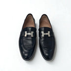 Hermes Paris Loafers Shoes Leather Black Silver Moccasins Flat Hhardware — view 2