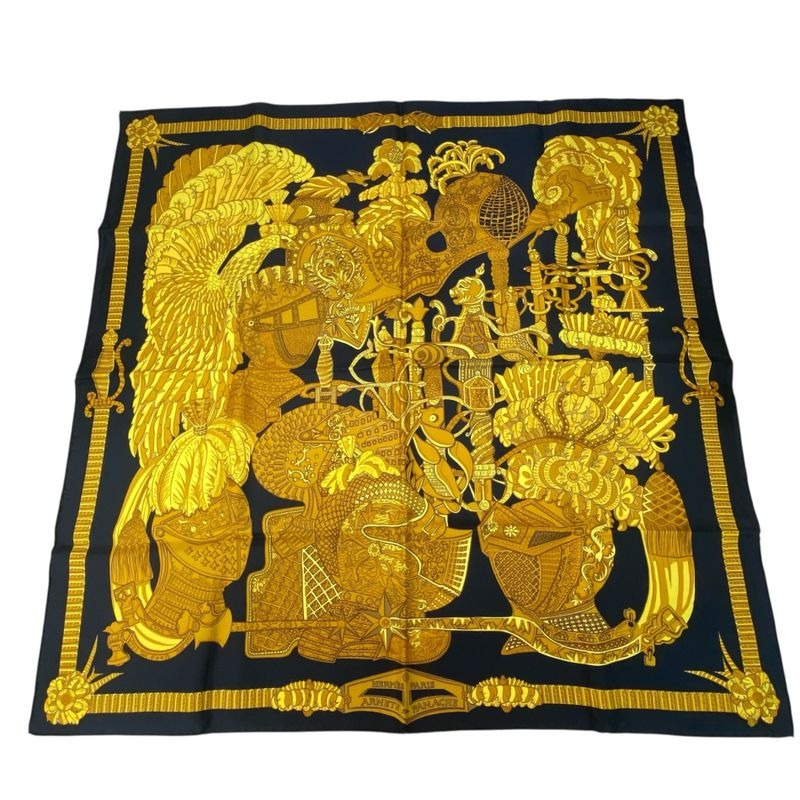 Hermes Carre 90 Armets En Panache Feathered Cavalry Helmet Black Gold Scarf