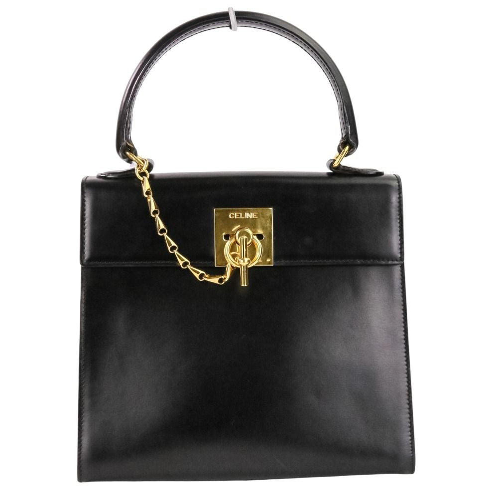 Celine Leather Chain Lock Handbag 2-Way Shoulder Black