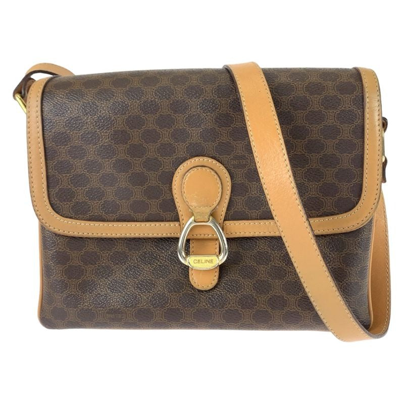 Celine Vintage Macadam Pattern Brown Gold Hardware Leather Crossbody