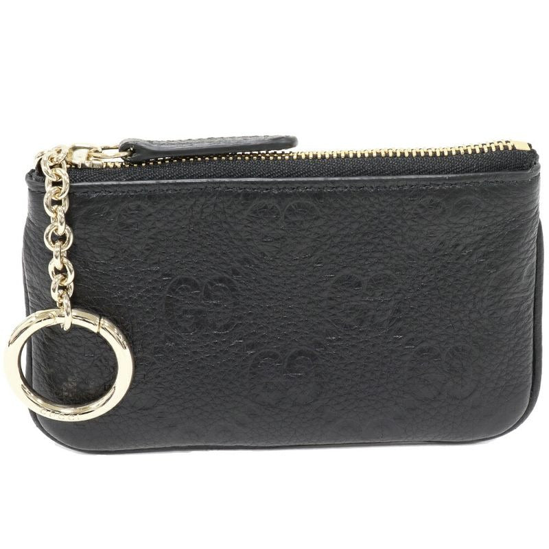 Gucci Coin Case Key GG Emblem Pouch Grain Leather Black