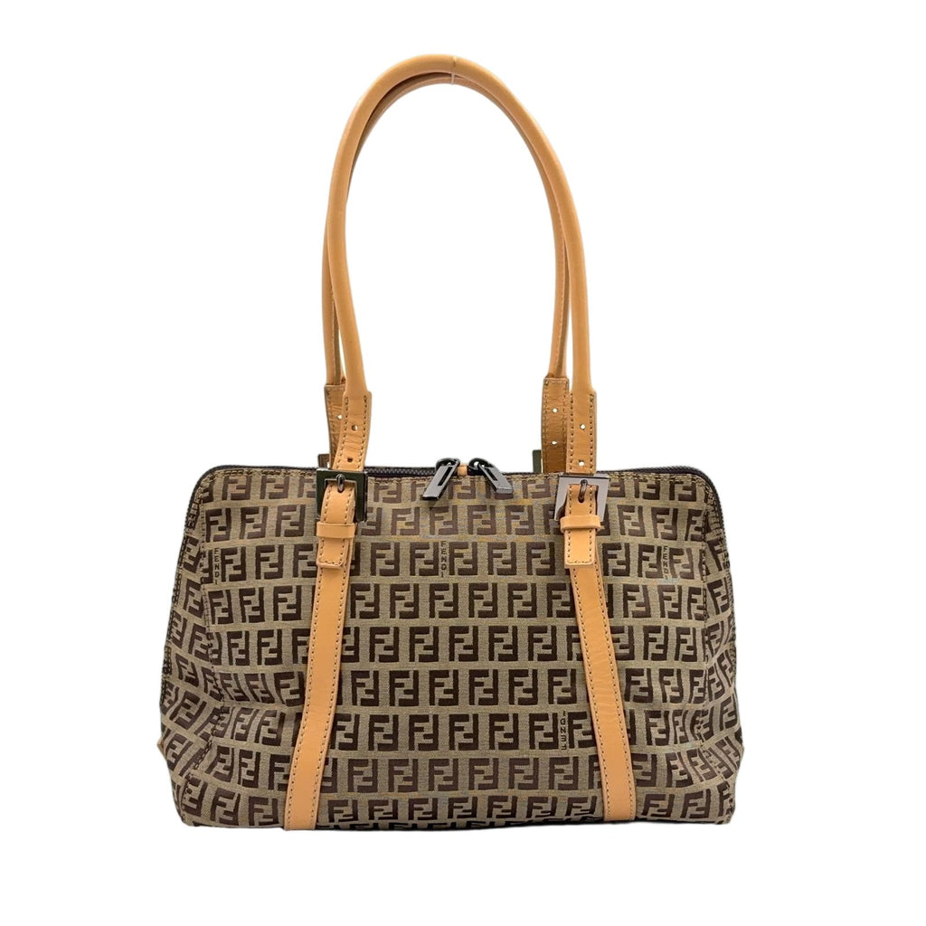 Fendi Zucchino Leather Canvas Beige Light Brown Handbag Black