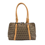 Fendi Zucchino Leather Canvas Beige Light Brown Handbag Black