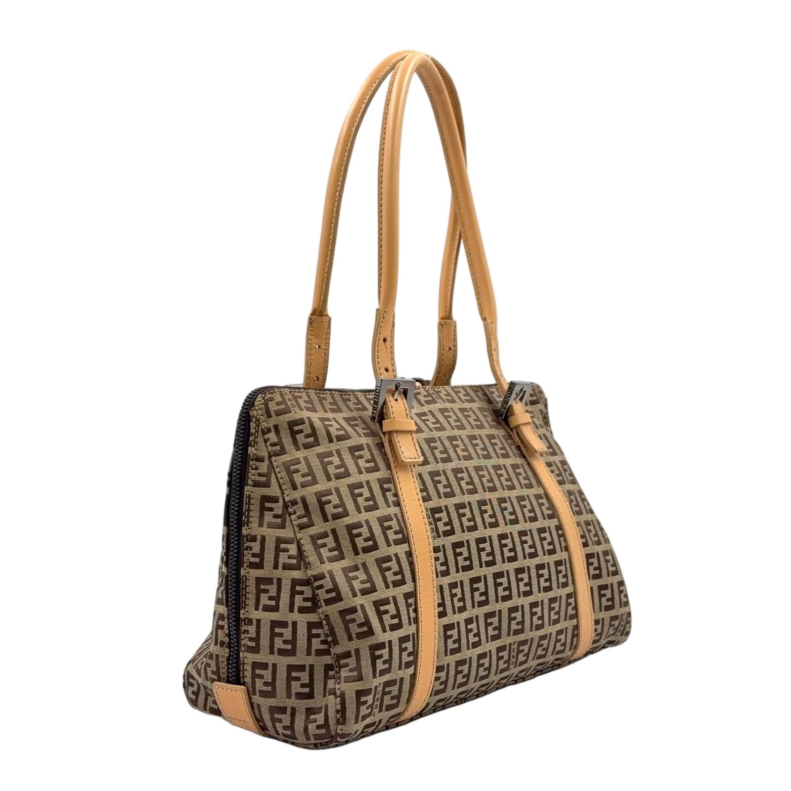 Fendi Zucchino Leather Canvas Beige Light Brown Handbag Black — view 2