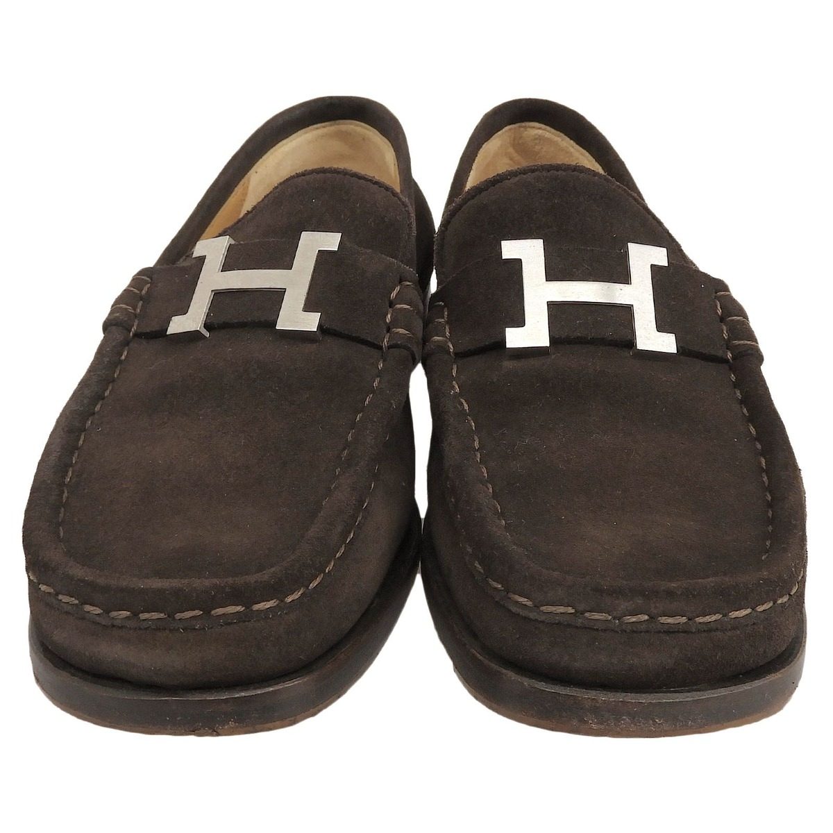 Hermes Constance Silver Hhardware Suede Leather Loafers Flat Shoes Brown 36 — view 4