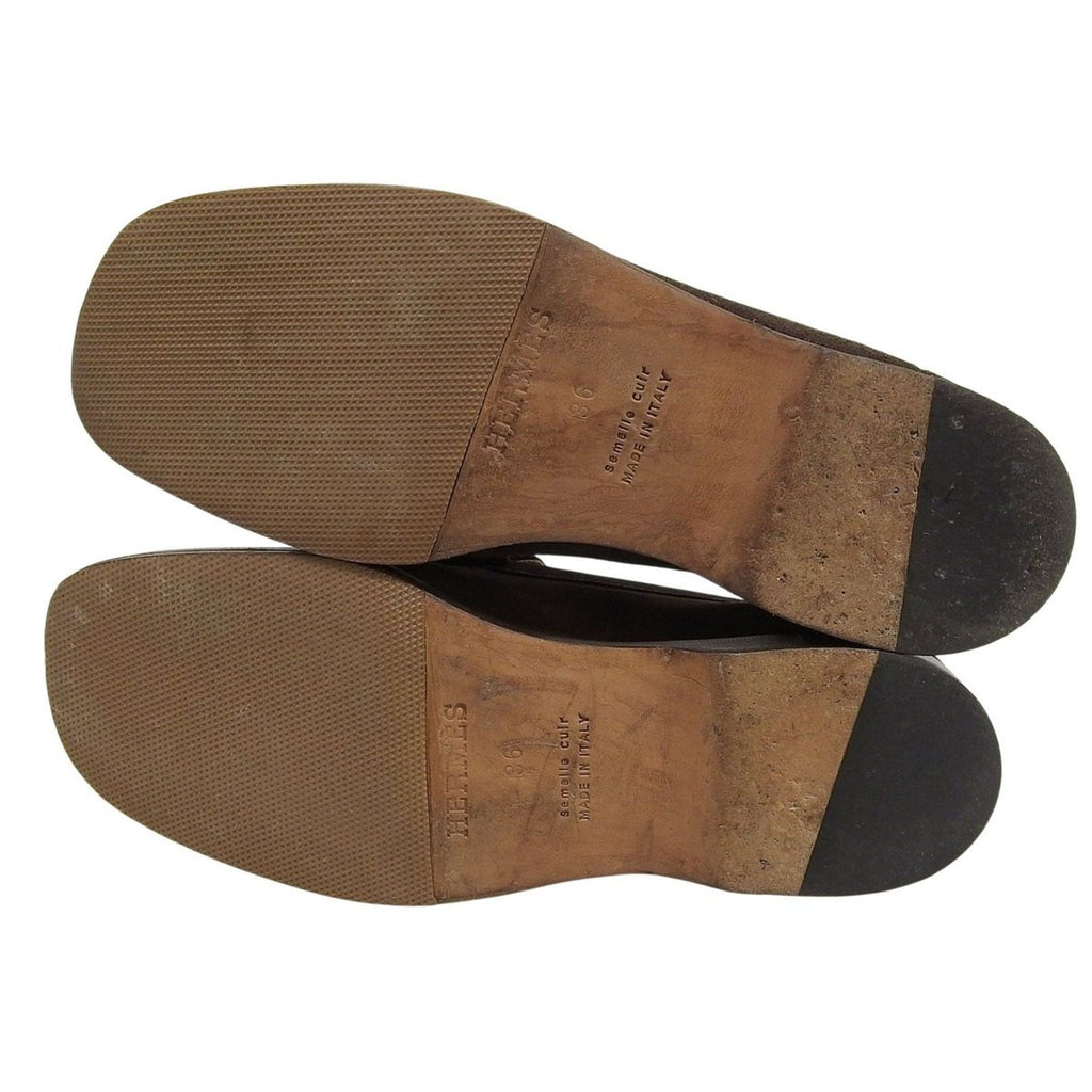 Hermes Constance Silver Hhardware Suede Leather Loafers Flat Shoes Brown 36 — view 6