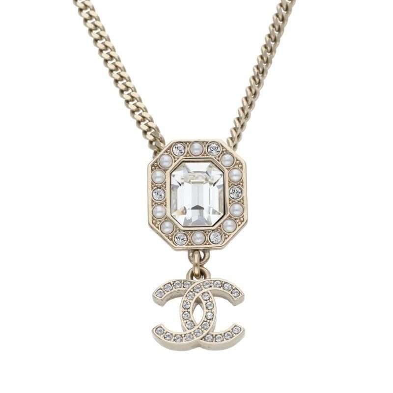 Chanel CC Logo Rhinestone Faux Pearl Necklace