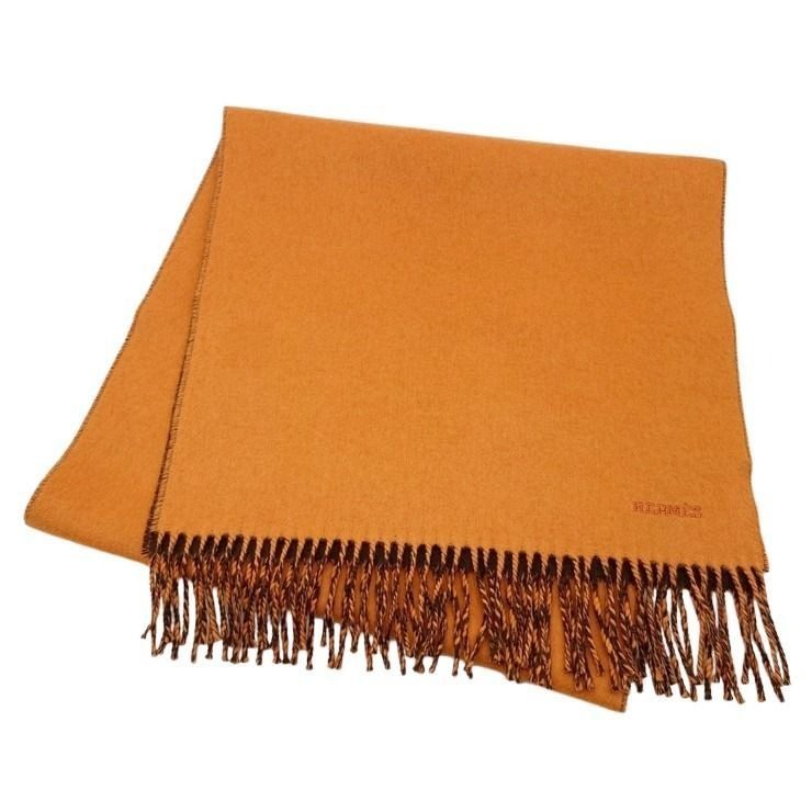 Hermes Scarf Orange Brown Cashmere Logo Bicolor