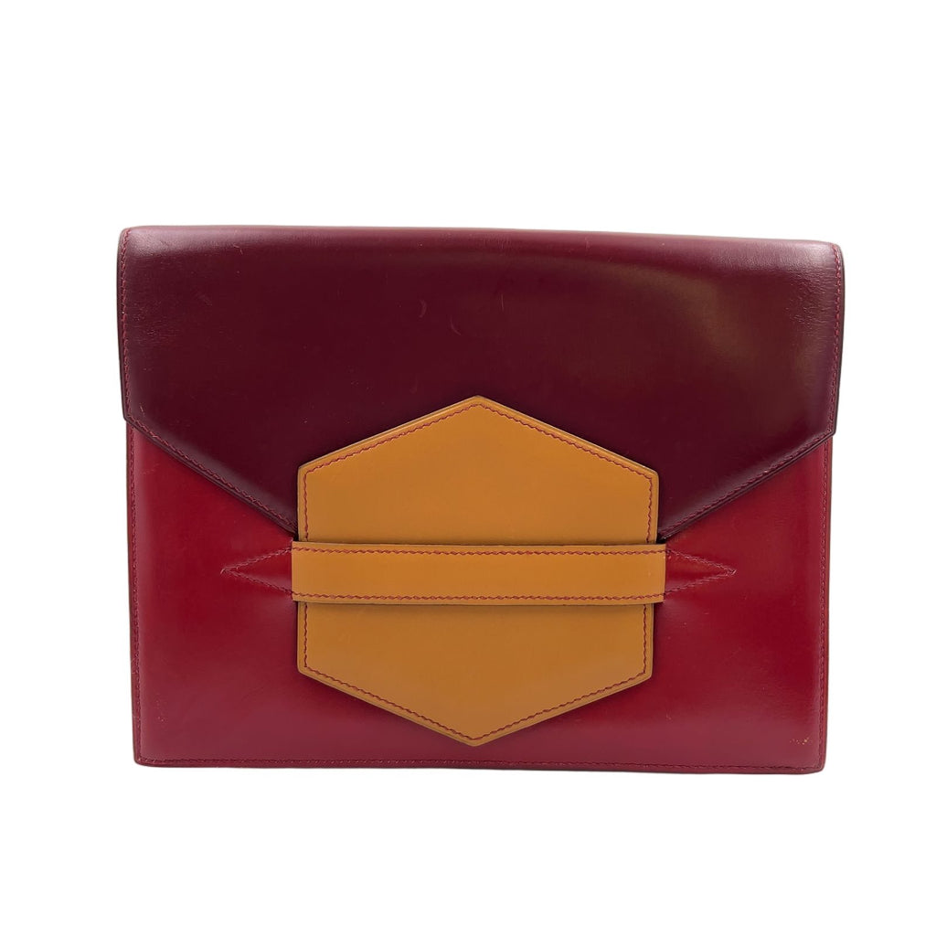 Hermes Faco Box Calf Beige Bordeaux Red Clutch Gold