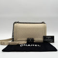 Chanel Shoulder Bag Boy Stitch CC Logo Leather Ivory with Shield Silver