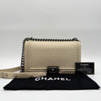 Chanel Shoulder Bag Boy Stitch CC Logo Leather Ivory with Shield Silver