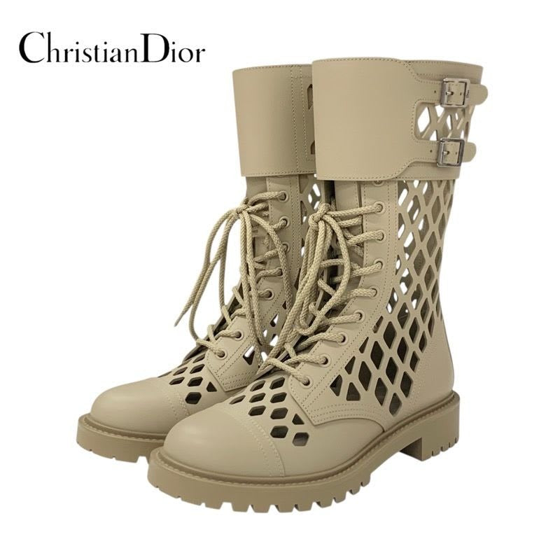 Christian Dior Boots Long Shoes Leather Beige Mesh Lace Up Medium