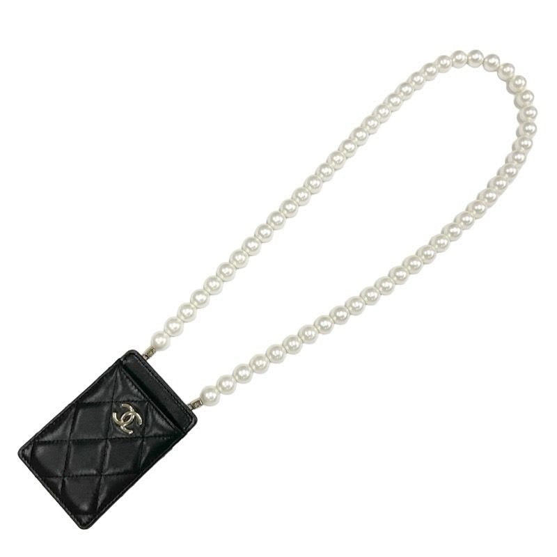 Chanel Card Case Holder Pass Black Gold Coco Mark Quilted Pearl