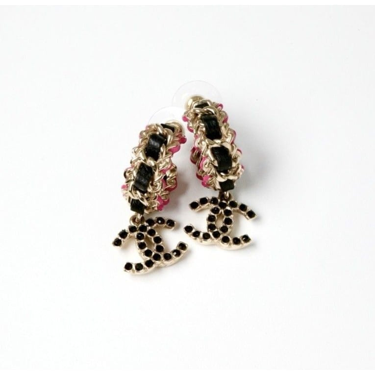 Chanel Earrings Gold Black Pink Coco Mark Hoop