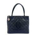 Chanel CC Logo Reprint Caviar Leather Black Tote Silver