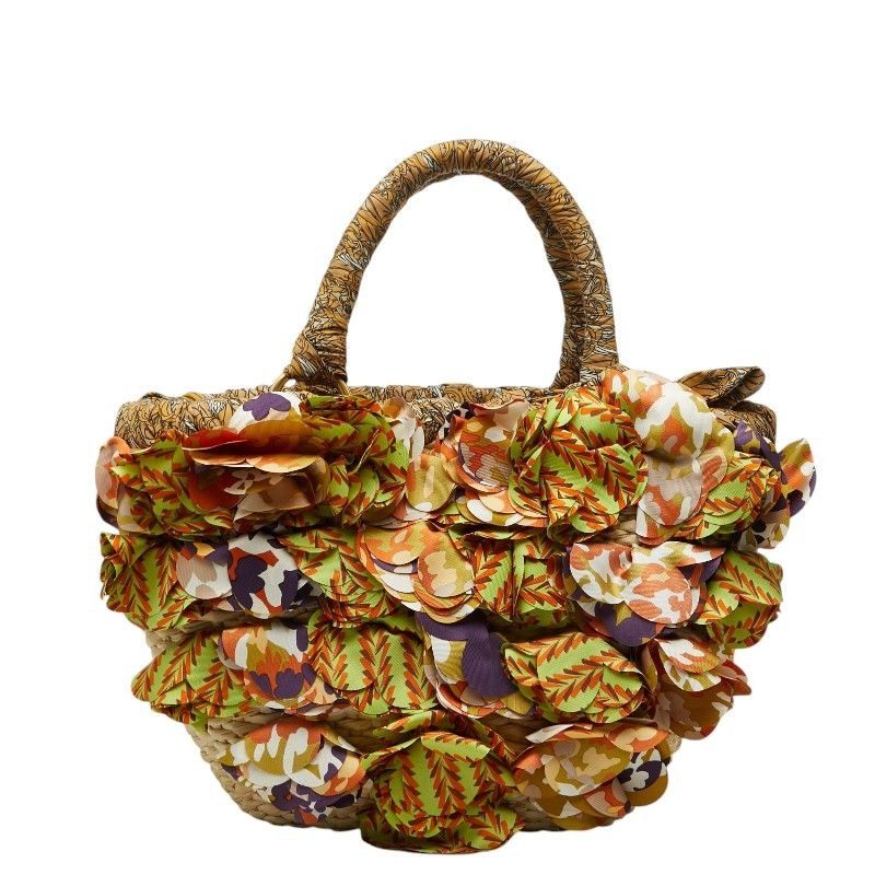 Prada Triangle Logo Plates Raffia Basket Bag Handbag Multicolor