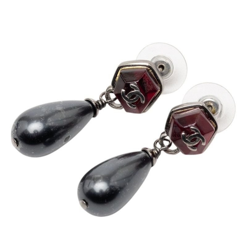 Chanel CC Logo Teardrop Water Drop Earrings Black Rhinestone Metal Faux Pearl
