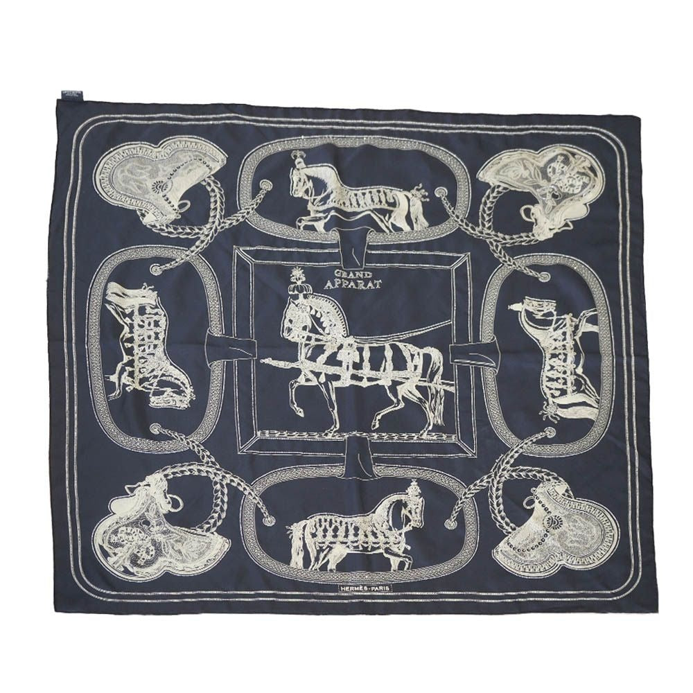 Hermes Carre 90 Grand Apparat Embroidered Pearl Beads Scarf Silk