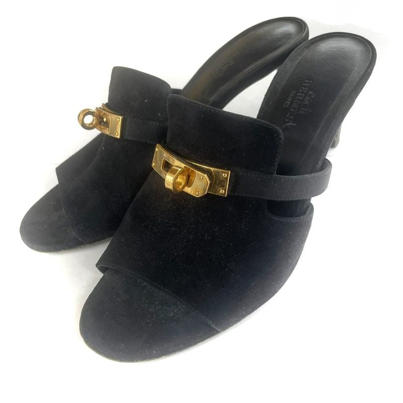 Hermes Cute Chevre Velor Mule Sandals Comfort Heel Kelly Hardware 36 Black JS