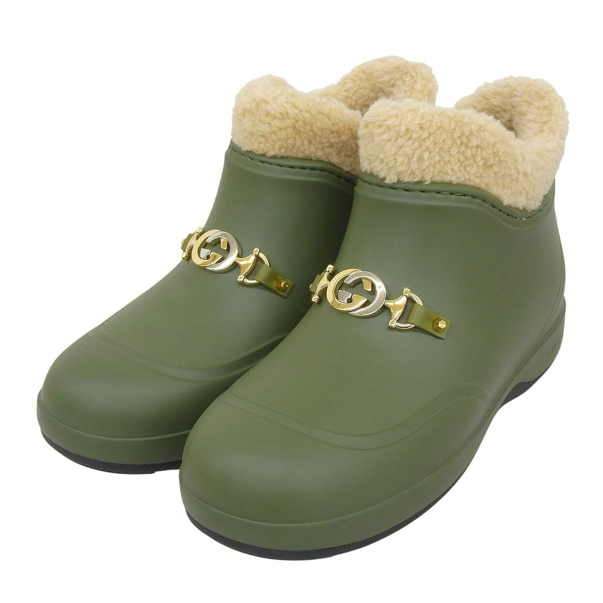 Gucci Interlocking Wool Lining Rubber Shearling Short Boots Khaki Green 38