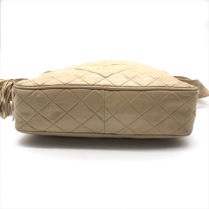 Chanel CC Logo Quilted Lambskin Fringe Shoulder Bag Beige Purse — view 3