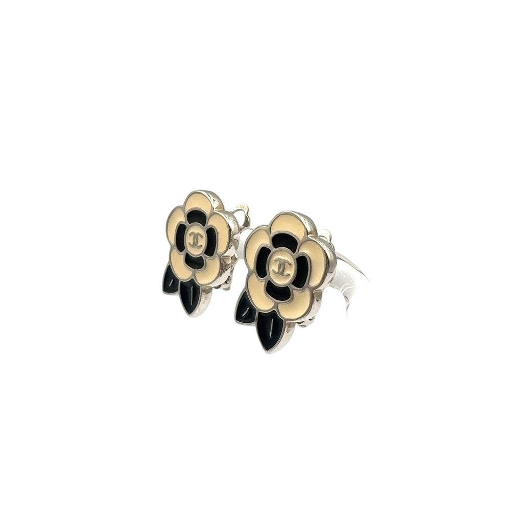 Chanel Camellia CC Logo Metal Silver Black White Earrings — view 2