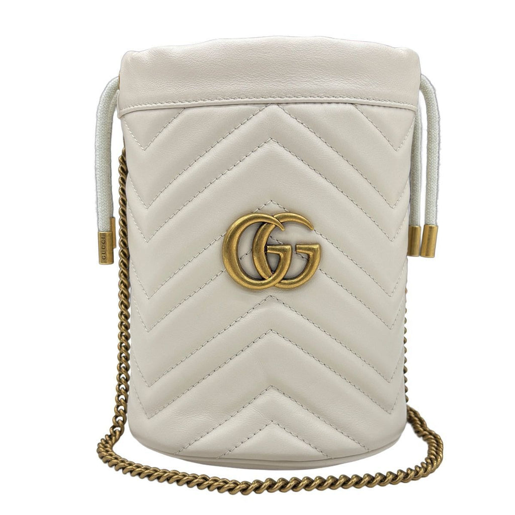 Gucci GG Marmont Bucket Bag Drawstring Crossbody Chain Double Heart White