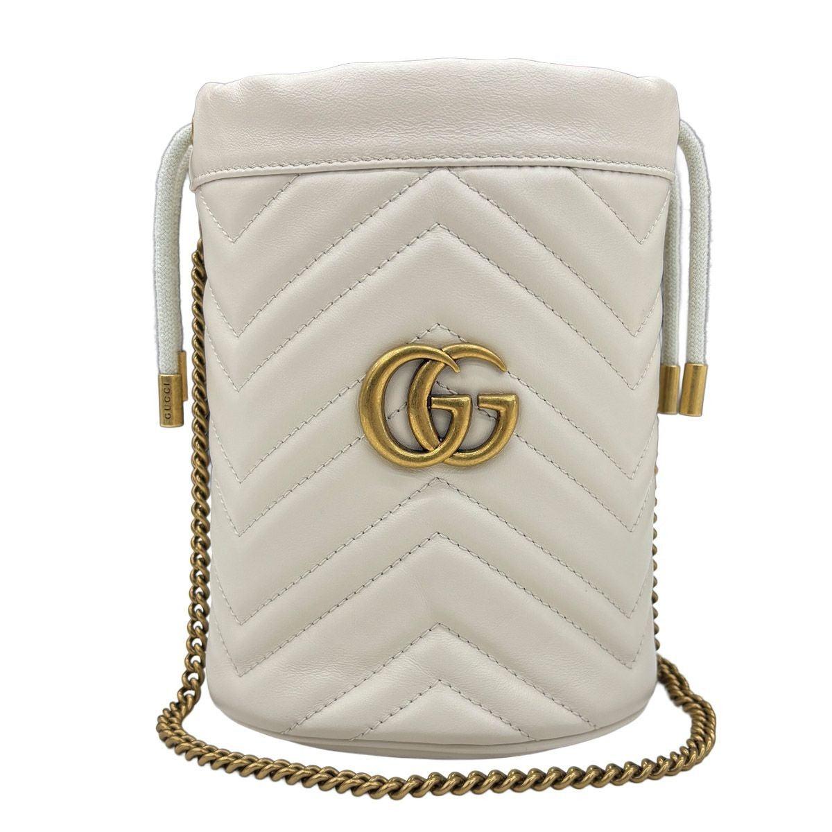 Gucci GG Marmont Bucket Bag Drawstring Crossbody Chain Double Heart White