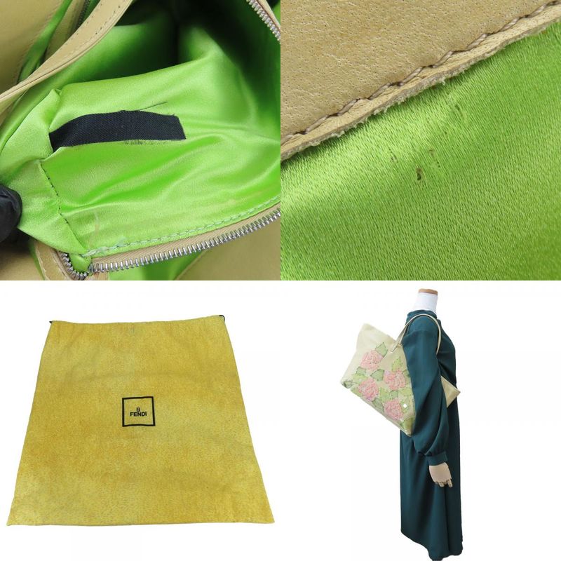 Fendi Tote Roll Bag Leather Beige Pink Green Silver Hardware Shoulder Floral A4 — view 9