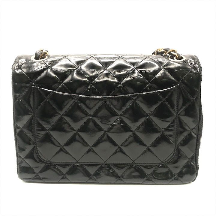 Chanel CC Logo Quilted Calf Enamel Full Flap Chain Shoulder Bag Black — view 2