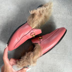 Gucci Prince Town Horsebit Loafer Sandal Fur Slip on Pink Gold Hardware Leather — view 5