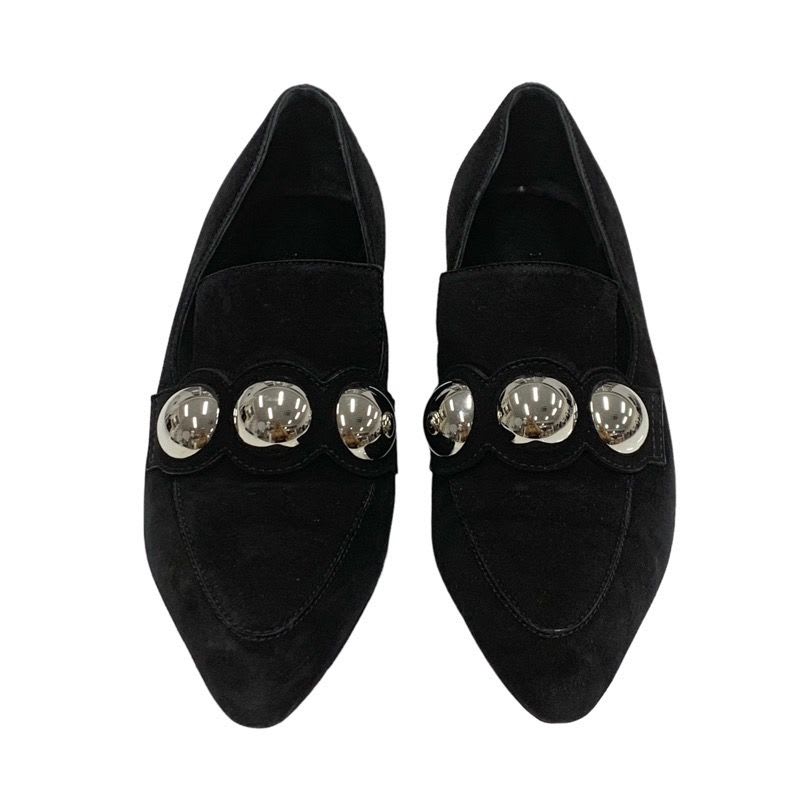 Hermes Loafers Leather Shoes Suede Black Silver Round Studs Flat — view 2