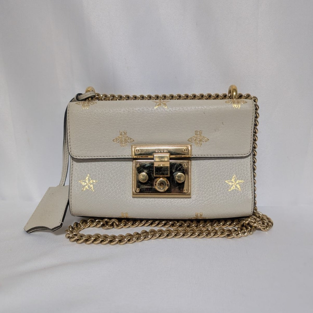 Gucci Leather Bi Star White Padlock Chain Shoulder Bag