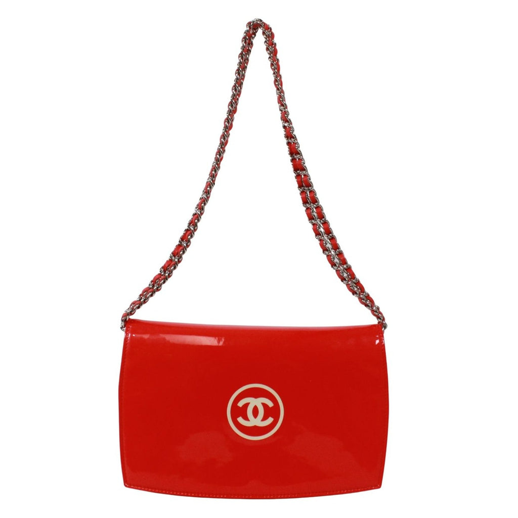 Chanel CC Logo Enamel Leather Red Chain Shoulder Bag Silver