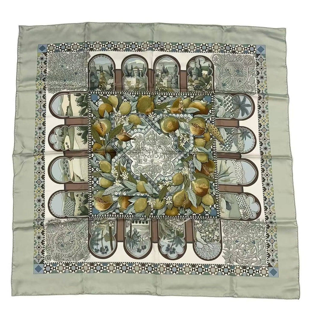 Hermes Carre 90 Scarf Silk les Jardins D' Andalousie Andalusian Gardens Green