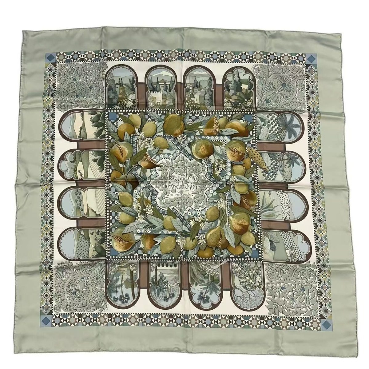 Hermes Carre 90 Scarf Silk les Jardins D' Andalousie Andalusian Gardens Green