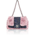 Chanel 2005 Vintage Classic Flap Chain Tweed Rabbit Fur Shoulder Bag Pink