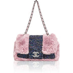 Chanel 2005 Vintage Classic Flap Chain Tweed Rabbit Fur Shoulder Bag Pink