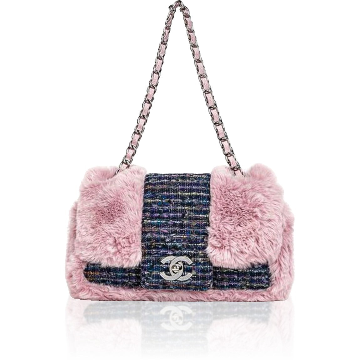 Chanel 2005 Vintage Classic Flap Chain Tweed Rabbit Fur Shoulder Bag Pink