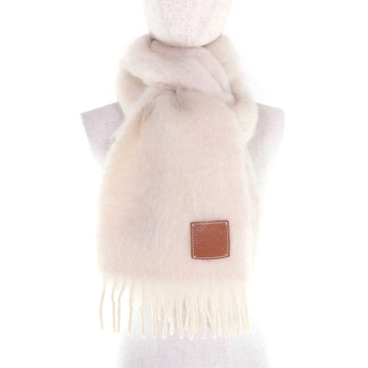 Loewe Mohair Wool Blend Anagram Leather Patch Fringe Scarf Ivory — view 3