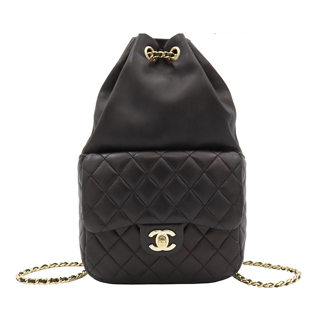 Chanel Backpack Quilted Chain Drawstring Black Gold Lambskin