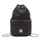 Chanel Backpack Quilted Chain Drawstring Black Gold Lambskin