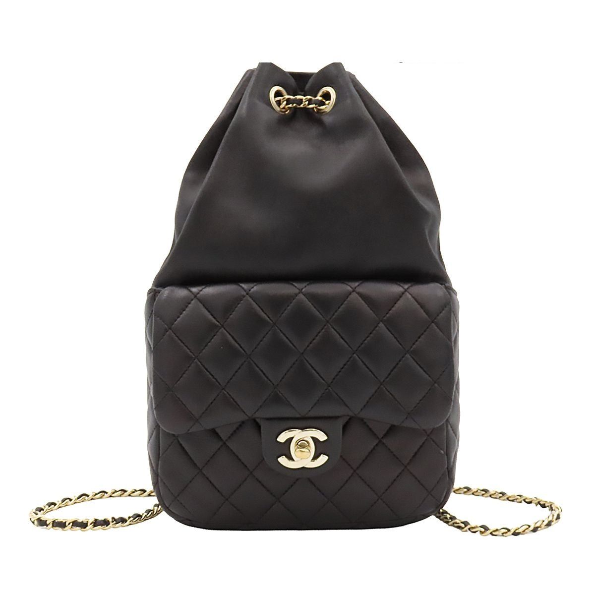 Chanel Backpack Quilted Chain Drawstring Black Gold Lambskin