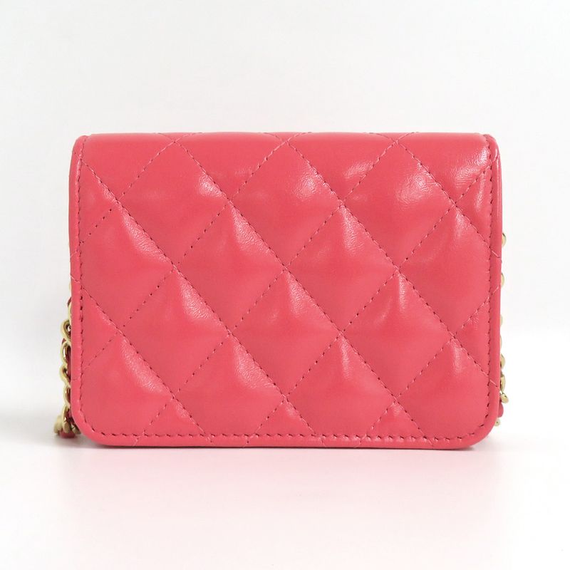 Chanel Quilted Chain Pochette Salmon Pink Cd0204 Gold Hardware Cuff — view 3