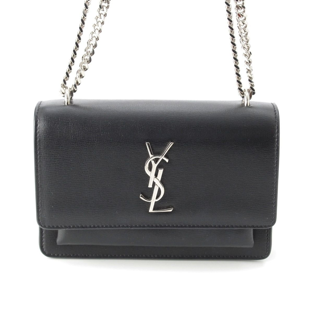 Saint Laurent Leather Sunset YSL Logo Chain Shoulder Bag Black Silver