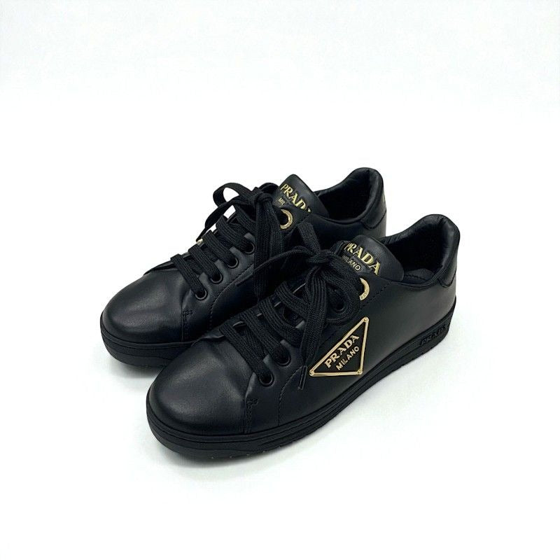 Prada Sneakers Shoes Leather Black Gold Triangle Logo