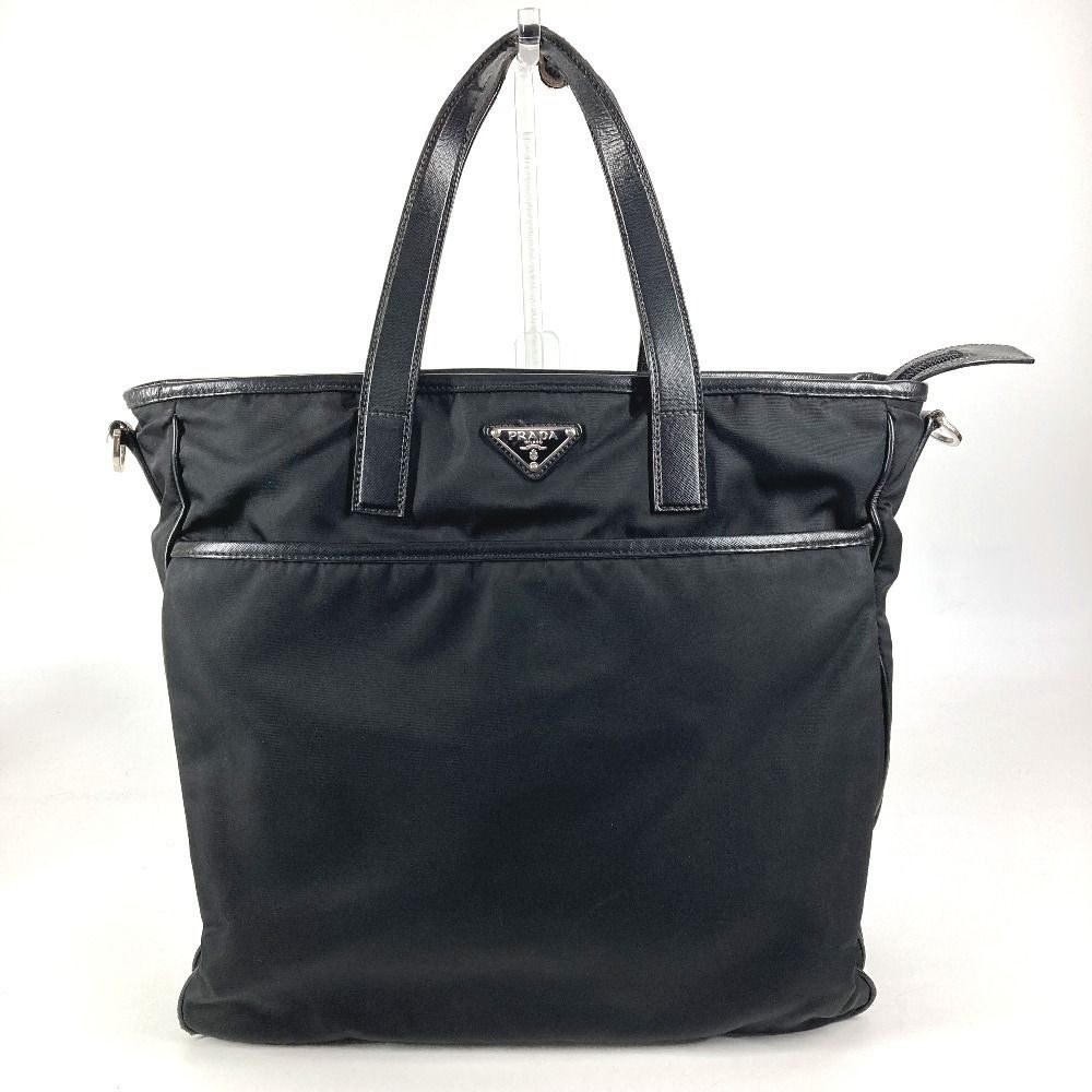 Prada Shoulder Bag Triangle Logo Leather Nylon Black