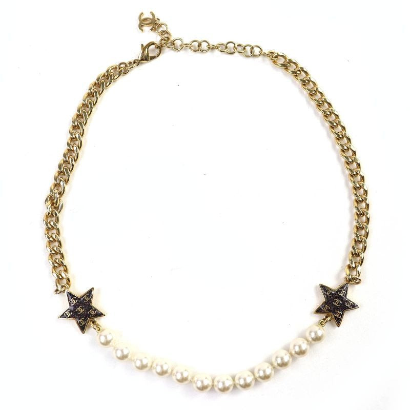 Chanel C24 C Coco Mark Star Lame Pearl Choker Necklace Accessory Gold White — view 2